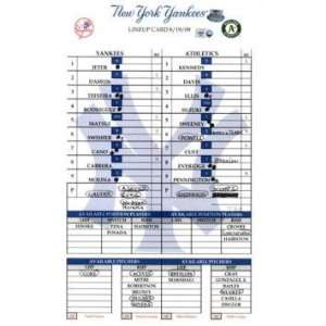 Yankees at Athletics 8 19 2009 Game Used Lineup Card (MLB Auth 
