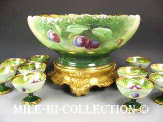 PICKARD ARTIST HEAP   LIMOGES FRANCE HAND PAINTED PLUMS PUNCH BOWL 
