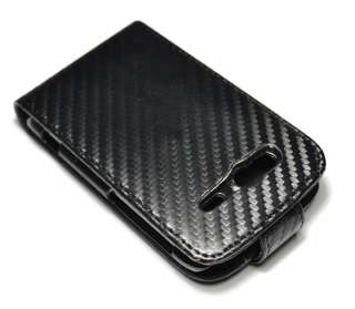 New Black Carbon fiber flip Hard Leather case Holster for HTC Wildfire 