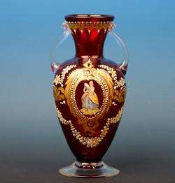 0172 Venetian Art Glass Ruby Gilt Enamel Pictorial / Portrait Vase 