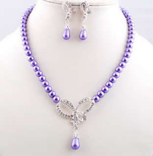 1set Bowknot Pendant Necklace Dangle Earrings Imitate Pearl Crystal 