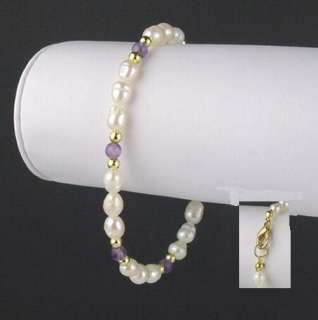 14kt Gold Ep Genuine White Freshwater Pearls & Amethyst Beads Bracelet 
