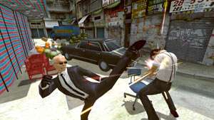 Toby getting nailed by a kick from a mobster in Kung Fu Rider
