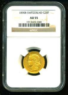 1890 B SWITZERLAND GOLD COIN 20 FRANCS * NGC * RARE GEM  