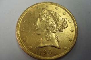 US 5 DOLLAR HALF EAGLE LIBERTY HEAD GOLD COIN 1901 S  