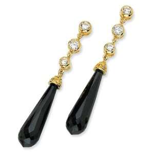  Gold Plated Sterling Silver Black Dangle Cz Post Earrings 