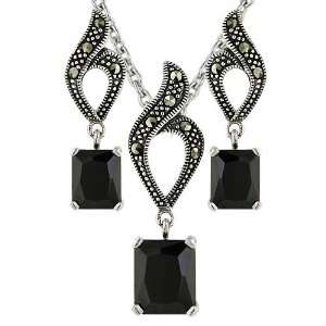 Marcasite Sterling Black Cubic Zirconia Dangle Earrings and Pendant 