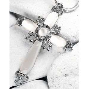 Sterling Silver Mother of Pearl Marcasite Cross Pendant Jewelry