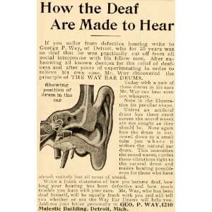  Ad George P. Way Ear Drum Deafness Cure Hearing Antique Hearing Aid 