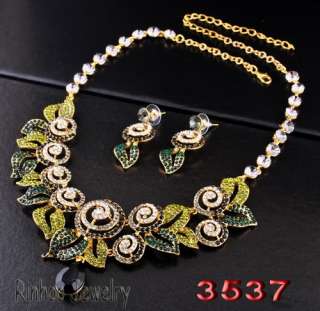 L30241 green floral bridal Necklace Earring set gold plated free 