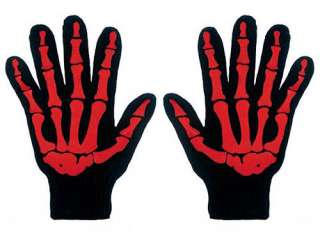   Punk Horror Misfit Red Skeleton Bones Mens Black Work Gloves  