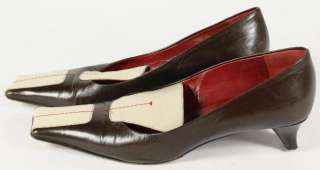 Prada Brown Leather Ivory Red Stitched Square Toed 60s Style Pumps 