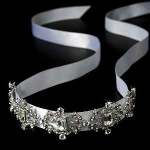   Antique Silver Crystal White Ribbon Headband Tiara Jewelry