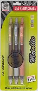 Pk/3 Zebra 46603 Sarasa Retractable Metallic Gel Pens, Gold Silver 