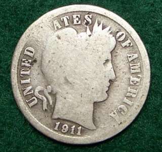 1911 Silver Barber Dime   About Good   AG   BENT   #473  
