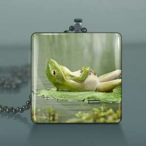 Frog On Lily Pad Altered Art Glass Necklace Pendant 483  