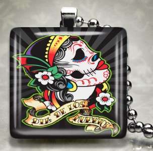 Dia De Los Muertos Tattoo Skull Glass Necklace 486 L  