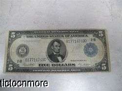 US 1913 $5 FIVE DOLLAR BILL FEDERAL RESERVE NOTE 2 B LARGE NOTE  