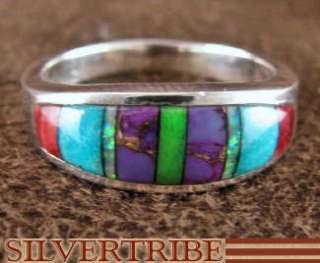 Turquoise And Multicolor Inlay Silver Ring Size 5 1/2  