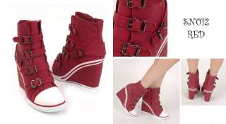   Leather Belted High Heels Wedges Sneakers 4 Colors AU 4.5~6.5 3.9 Inch