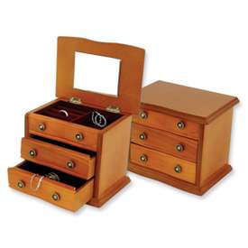 New Oak Finished Wooden 2 Drawer Lift Lid Jewelry Box  