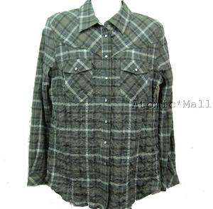 Womens William Rast Olive Plaid Flannel Pearl Button S  