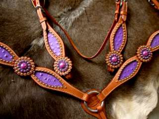 BRIDLE BREAST COLLAR WESTERN LEATHER HEADSTALL PURPLE OSTRICH HORSE 