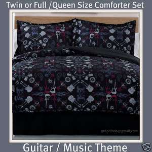   COMFORTER SET Guitars Flames Black Skulls Teens Twin Full Queen + XL