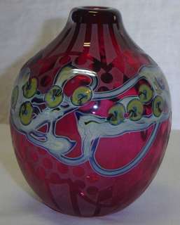   Cranberry Studio Art Glass Hand Made Vase w/ Acid Cut Decor  