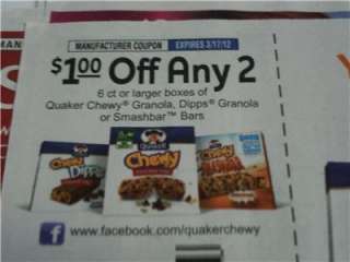 15 Coupons $1/2 Quaker Chewy Granola Smashbar or Dipps 3/17/2012 rp2/5 