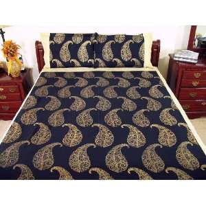   3P Blue Gold Paisley Cotton Bedding Sheet Linen Queen