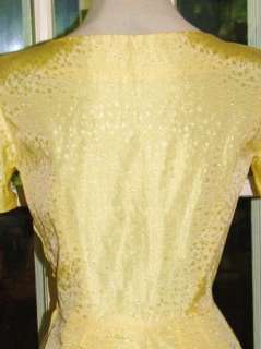 VTG 50s Embroidered Yellow Taffeta Full Circle Dress S  
