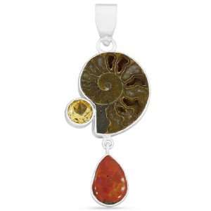925 Sterling Silver Ammonite Citrine Fire Agate Three Stone Pendant 