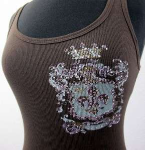 VOCAL Ribbed Tank Top Brown Shirt Fleur de Lis Rhinestones Chrystals 