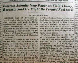 1930 newspaper Scientist ALBERT EINSTEIN Theory of Relativity FIELD 