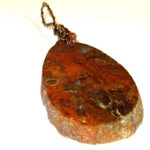 Agate Pendant 02 Fire Red Slab Goldstone Vintage Brass Wire Crystal 4 
