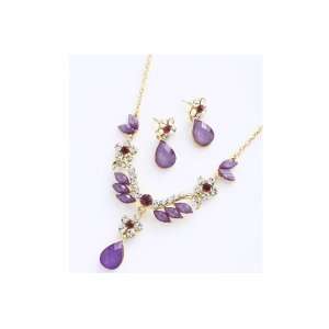  Fashion Necklace Earring Set V Shape with Purple Crystal 