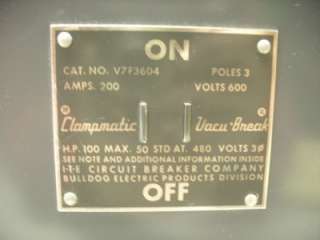 ITE Clampmatic Vacu Break Switch V7F3604 200 Amp 600 V  