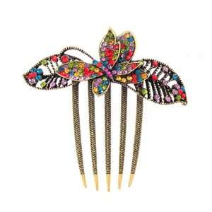   Rhinestone Butterfly and Leaves French Twist Updo Comb Multi colored