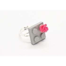  Light Gray Upcycled LEGO Ring with Hot Pink Rose Jewelry