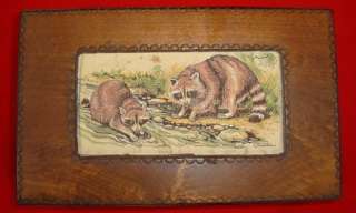Vintage J&J Cash WOODEN TRINKET BOX Woven Picture Raccoons Walnut 