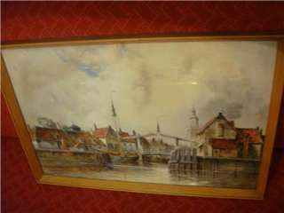 Antique Dutch Harbor W/Colour Painting by Louis van Staaten Signed C 