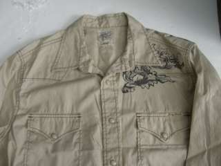 LUCKY BRAND L SHIRT mens tiger graphic western floral brown button 