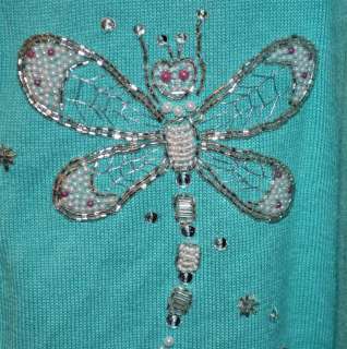   Wearable Art Dragonfly Aqua Sweater In Beads Sequins & Pearls Sz