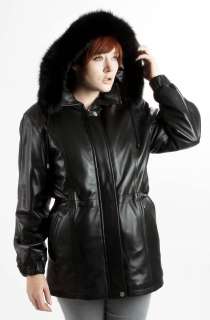 United Face Womens New Black Lambskin Fox Fur Trim Hooded Leather 