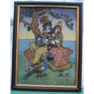   Krishna & Peacock at River end, A Painting made with Gem Stone Art