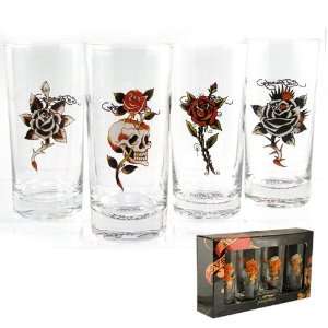 Officially Licensed Don Ed Hardy Rose High Ball Glass Set  