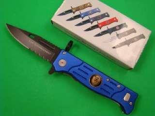 Assist Open SS Bayonet Blue Alum Hdls Folding Pocket Knife YC 