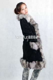 Pig Suede Leather Long Coat with Silver Fox Fur Trimmed  