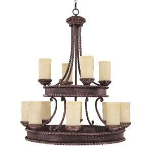   12 Light Chandelier, Weathered Brown Finish with Rust Scavo Glass